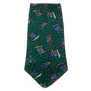 Brooks Brothers Makers Skiing Bear Ski Green Tie Silk Made USA Winter Holidays